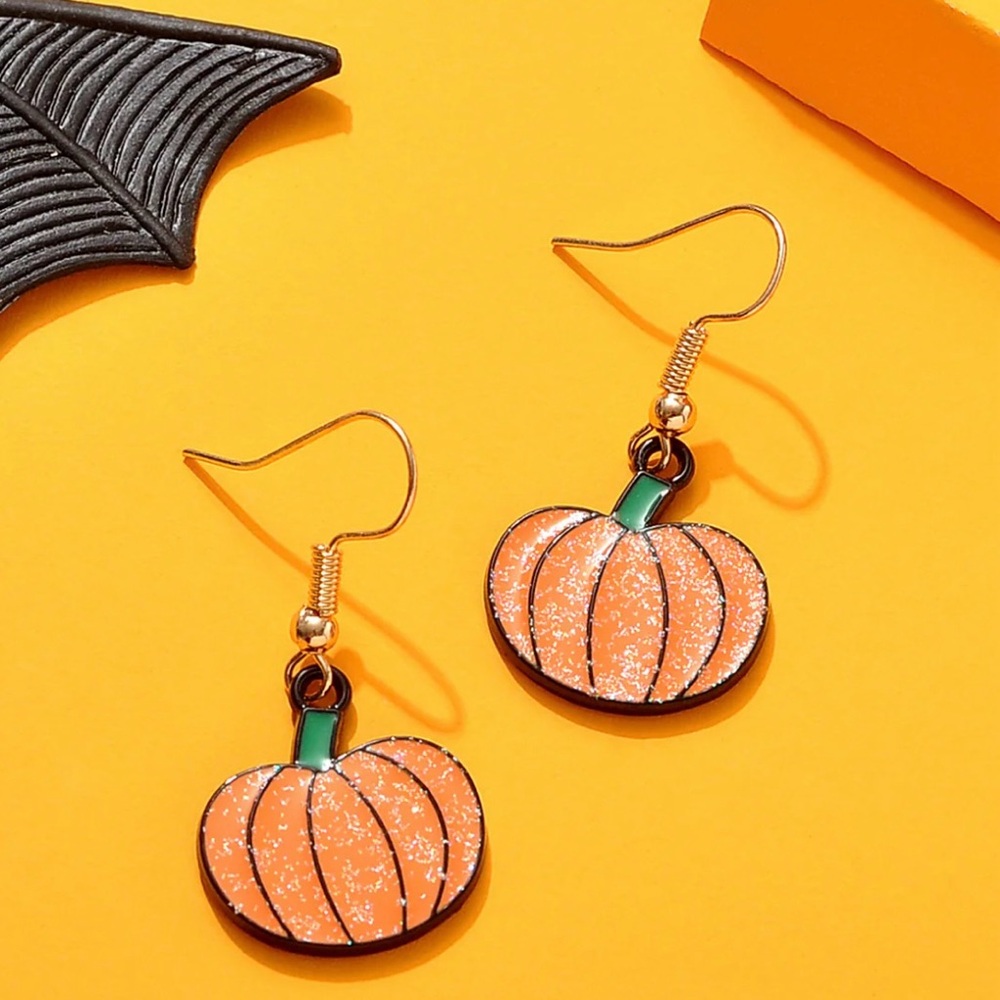 Fall Autumn Halloween Sparkly Glitter Pumpkin Earrings - Picture 3 of 6